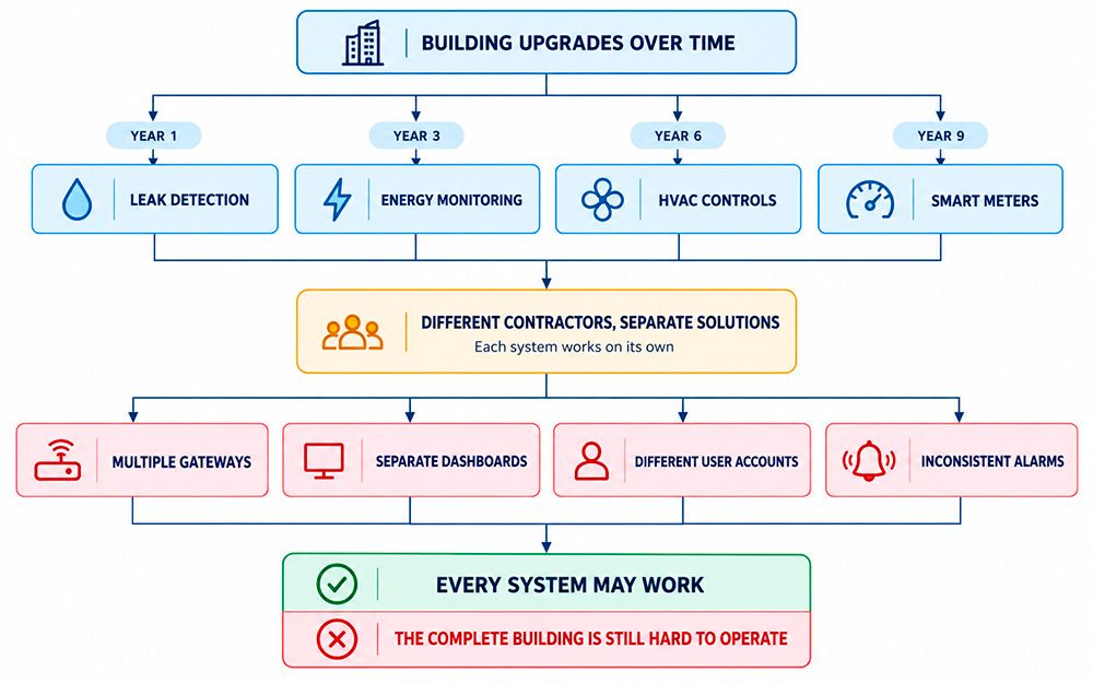 Flowchart showing how separately installed building systems create a fragmented and difficult-to-manage setup.